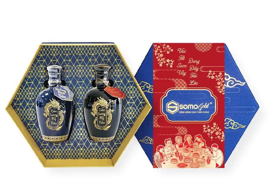 Hộp quà SUM VẦY 2 CHAI - Hoàng Hoa Tửu + Minh Mạng Tửu - Bình sứ Bát Tràng (500ml & 700ml).1